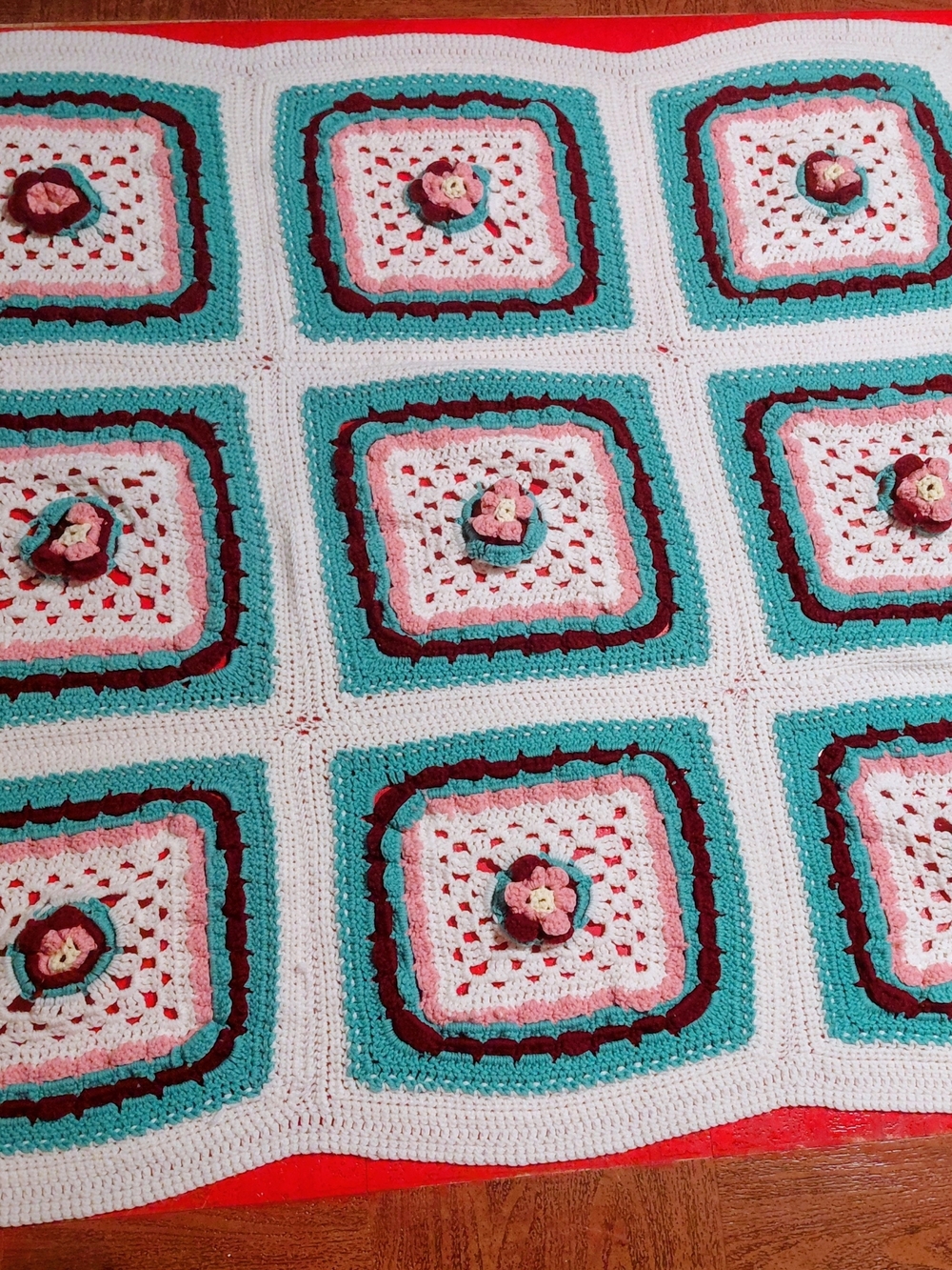 New Vtg Handmade Crochet Granny Square 3D Throw in Teal, Pink & White 70" X 50"